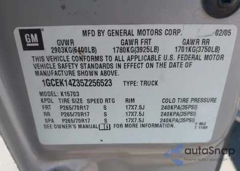 2005 Chevrolet Silverado K1500 из США, поврежденный, VIN 1GCEK14Z35Z256523